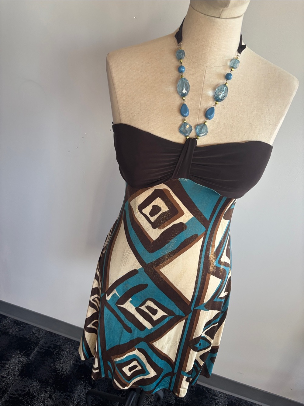 Strapless Brown and Teal Geometric Sundress